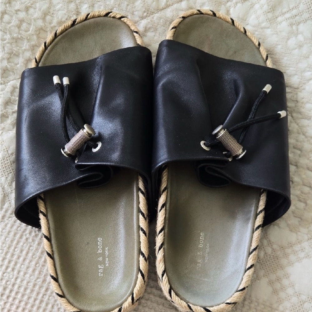 rag & bone Black Slide Sandals with Rope Trim